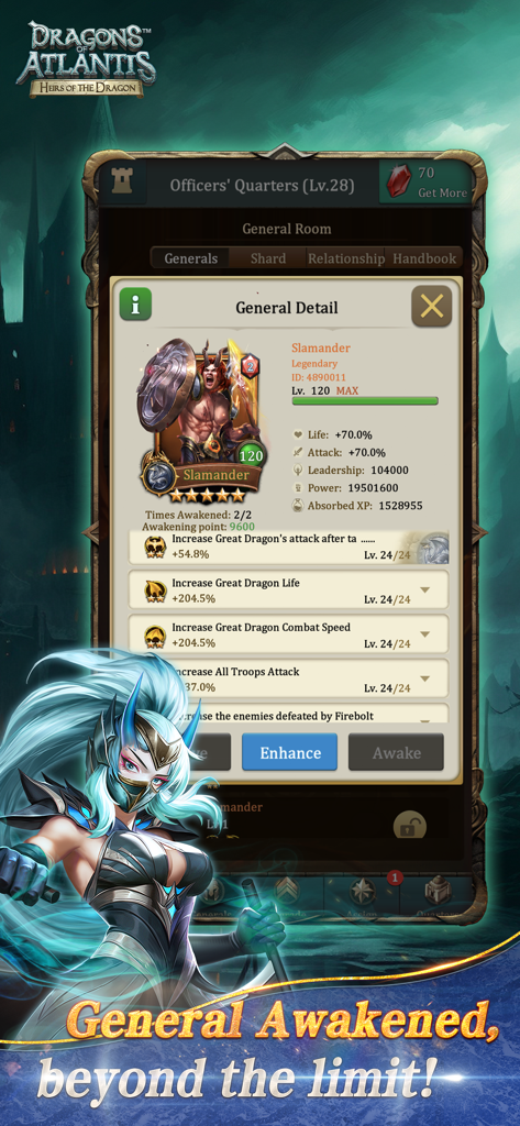 Dragons of Atlantis - Screenshot of the General Detail screen in Dragons of Atlantis showing character Slamander with stats and skills