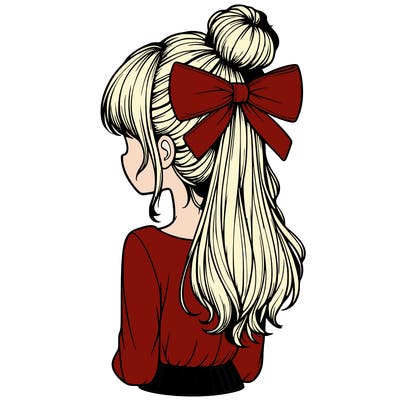 realistic girl  with hip length hair a bun and a big bow on the back of head