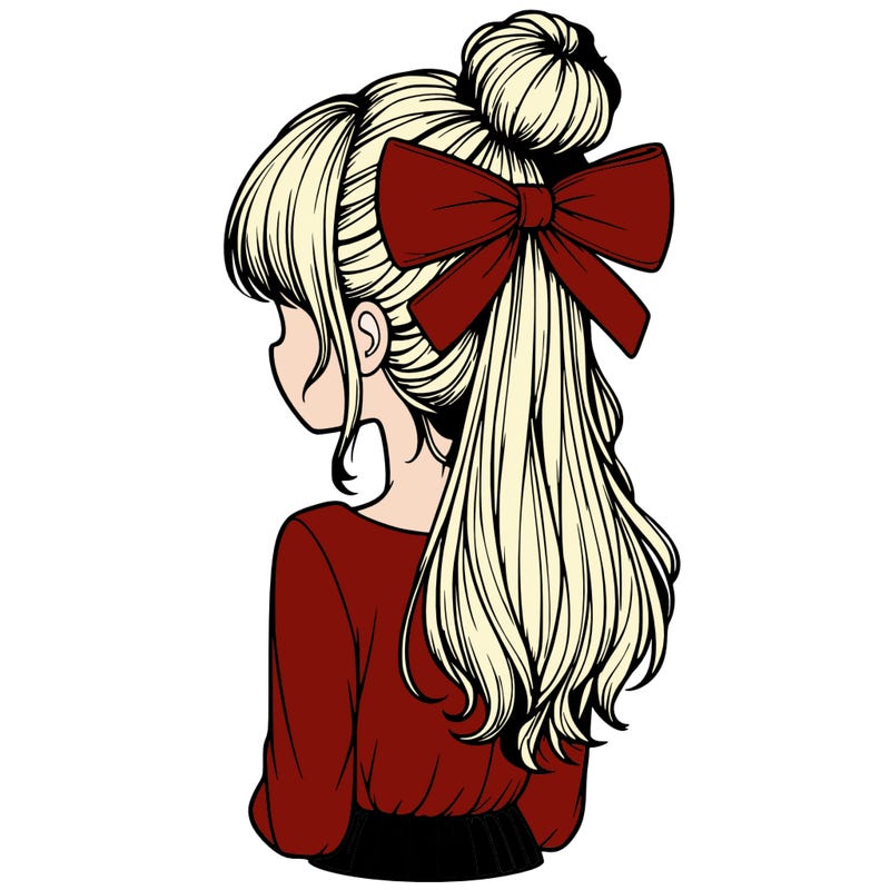 realistic girl  with hip length hair a bun and a big bow on the back of head