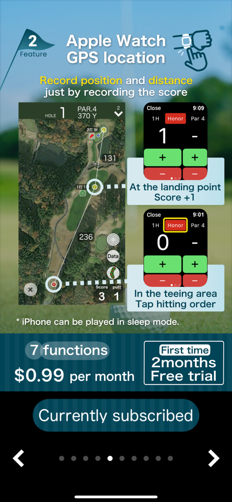 Best Score - Golf Score Manage - Interface showing Apple Watch GPS location tracking and distance recording features for the Best Score golf app