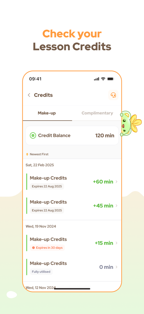 Aureus Academy App-Bildschirm, der den Guthaben- und Verlaufssaldo für Nachholstunden anzeigt.