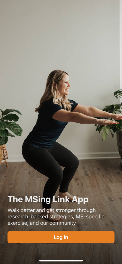 The MSing Link app login screen featuring a woman performing a squat for MS neuro-rehab exercises.