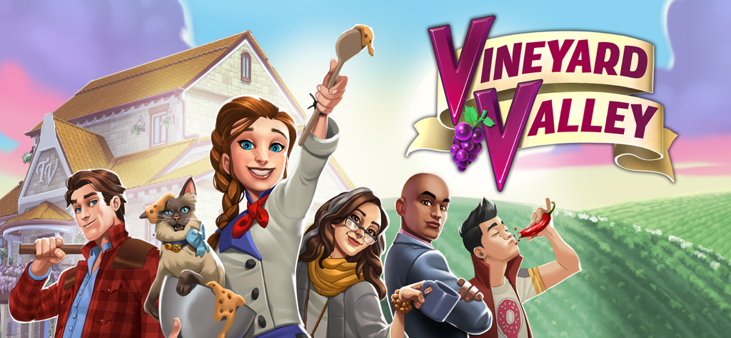 Les personnages principaux de Vineyard Valley se tenant devant le complexe des Vignes Enchevêtrées et les rangées de vignes