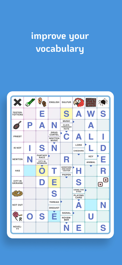 Kryss - The Battle of Words - Kryss 앱의 스칸디나비아 스타일 십자말 풀이 그리드로, 'improve your vocabulary'라는 텍스트가 있습니다.