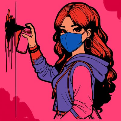 realistic girl with mask spray painting a wall