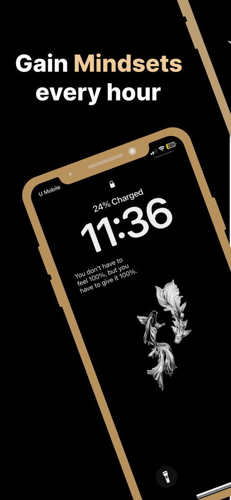Mentality - Daily quotes - An iPhone lock screen displaying a motivational mindset quote with minimalist koi fish artwork from the Mentality app.