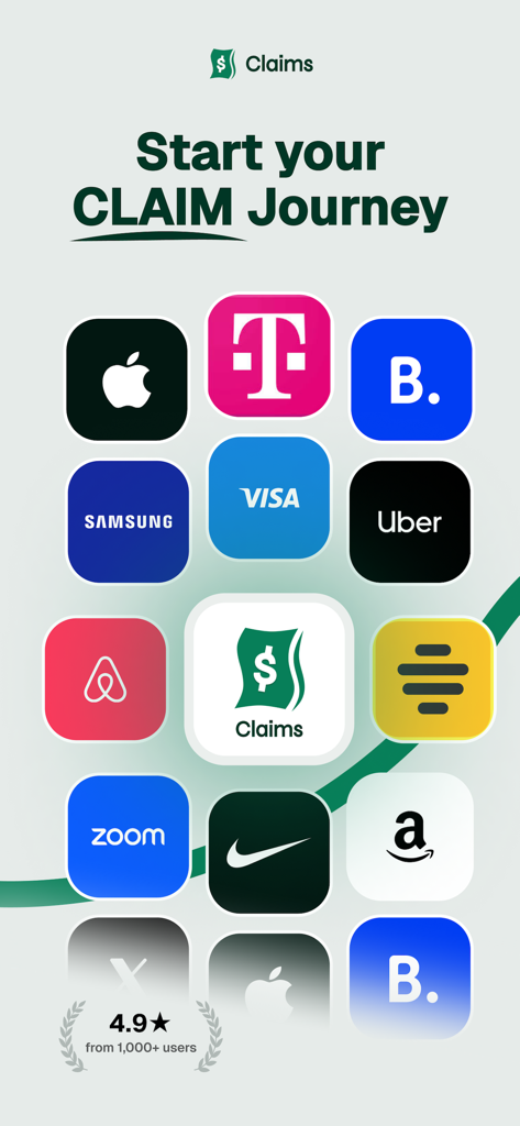 Claims: Claim your money - 「Claim Journeyを始める」という見出しとともに、AppleやAmazonなどのブランドアイコンが表示されたClaimsアプリのプロモ画面
