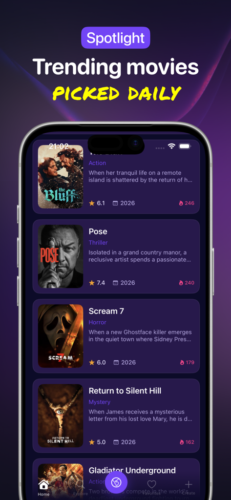 Texsmith - Find Movie Location - A list of trending movies on the Texsmith app spotlight screen featuring a deep purple cyberpunk design.
