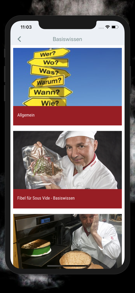 Dampfguide app interface showing basic cooking knowledge and sous-vide tutorial categories.