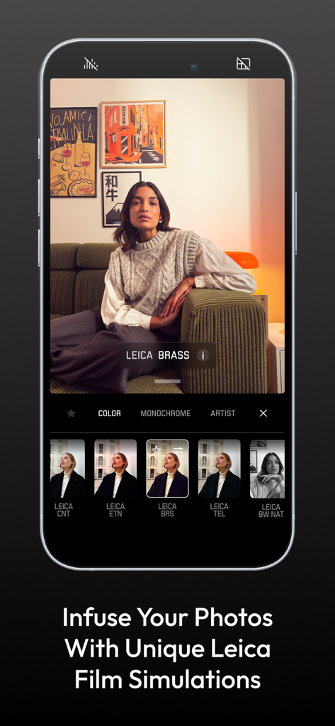 Leica LUX app interface showing professional film simulations and color filters.