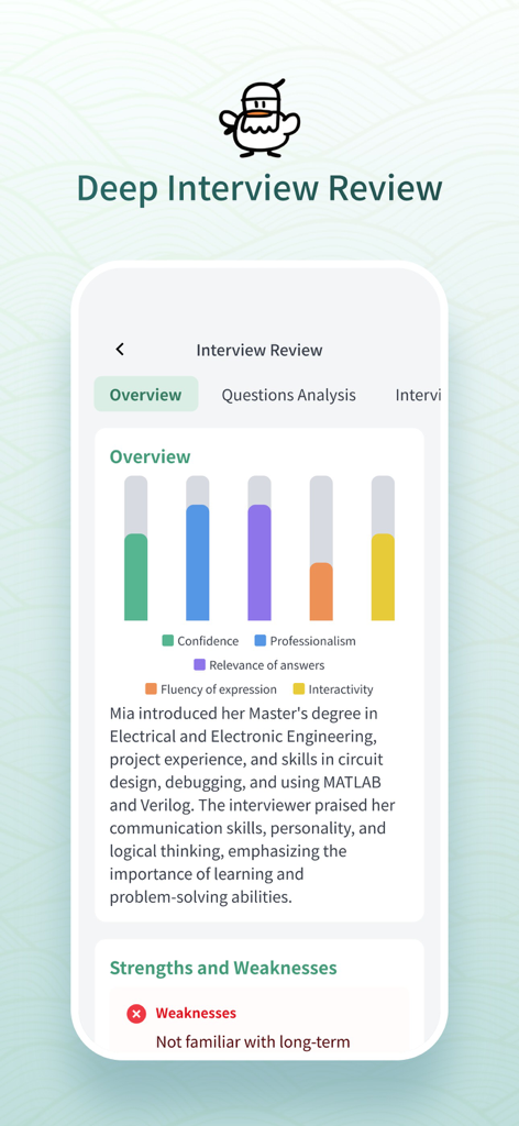 OfferGoose-AI Resume&Interview - Mobile app screen showing a deep interview review with analytics charts for confidence and professionalism