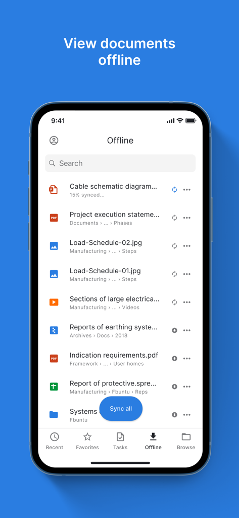 Alfresco Mobile Workspace - Interface of the Alfresco Mobile Workspace app showing a list of documents synced for offline viewing with a sync all button