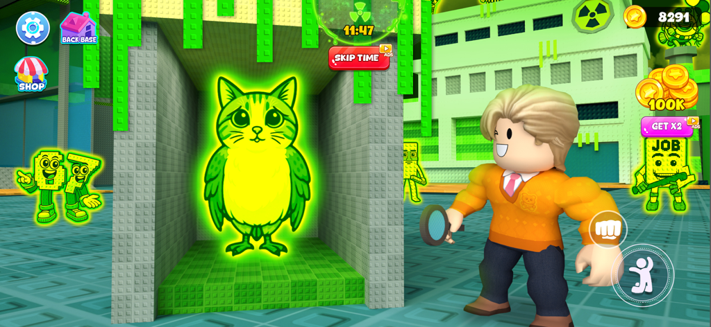 Get All Brainzot: Full Mod - Um personagem explora um mapa 3D blocoso para coletar um meme brilhante de gato coruja verde.