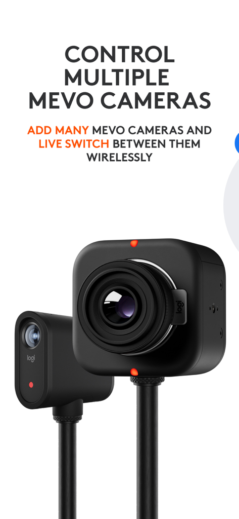 Two Logitech Mevo cameras demonstrating the wireless multicam switching and control feature