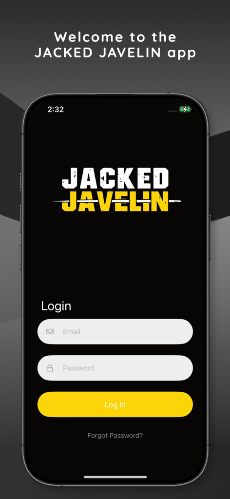 Jacked Javelin - Anmeldebildschirm der Jacked Javelin App mit Feldern für E-Mail und Passwort