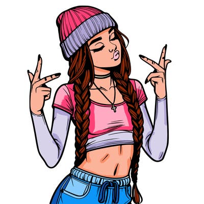 realistic teenage girl with braids and a beanie and crop top doing 🫶🏼