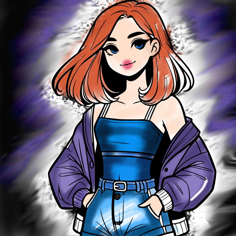 a realistic girl with a crop top and short shorts in an open jacket