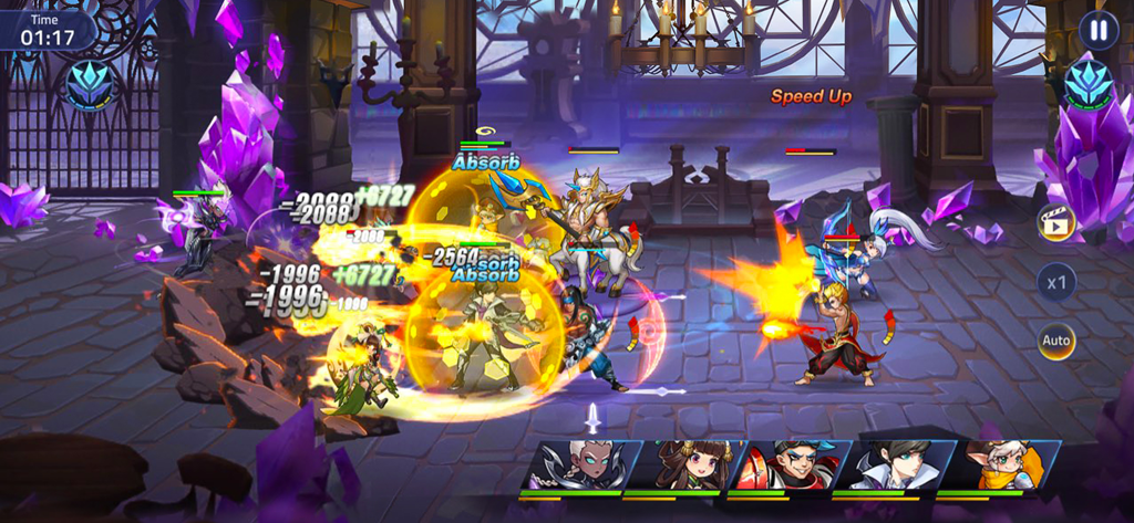 Mobile Legends: Adventure - Mobile Legends Adventure gameplay showing 2D anime heroes in an auto-battle with combat effects