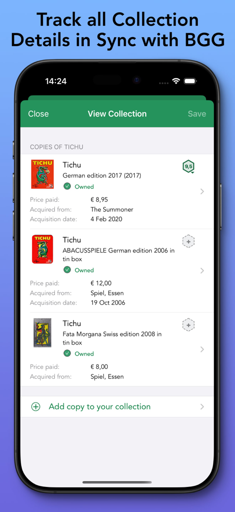 Board Game Stats - Mobile app interface for tracking board game collection details and syncing with BoardGameGeek