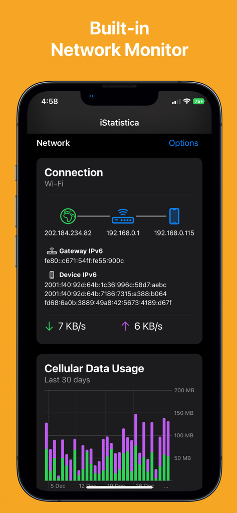 Panel de la aplicación iStatistica mostrando detalles de la conexión de red y el historial de uso de datos móviles