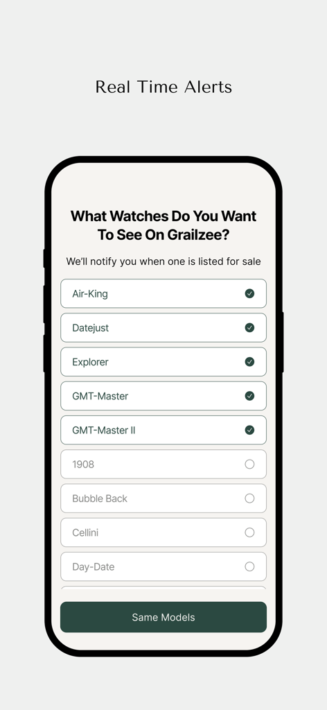 Grailzee app interface showing real-time alerts for luxury watch models like Rolex Datejust and Explorer