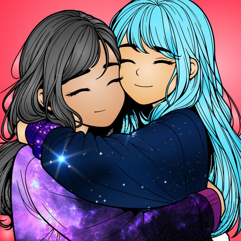 realistic two girls hugging