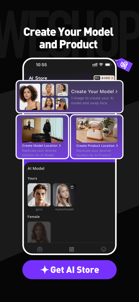 WeShop AI - Swap Face & BG - Oberfläche der WeShop AI App mit Optionen zur Erstellung von KI-Models und Produkt-Szenen für E-Commerce-Verkäufer