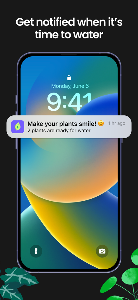 Greg: Plant Identifier & Care - Gregアプリからの通知で、ユーザーに植物に水をやるようにリマインドするiPhone画面。