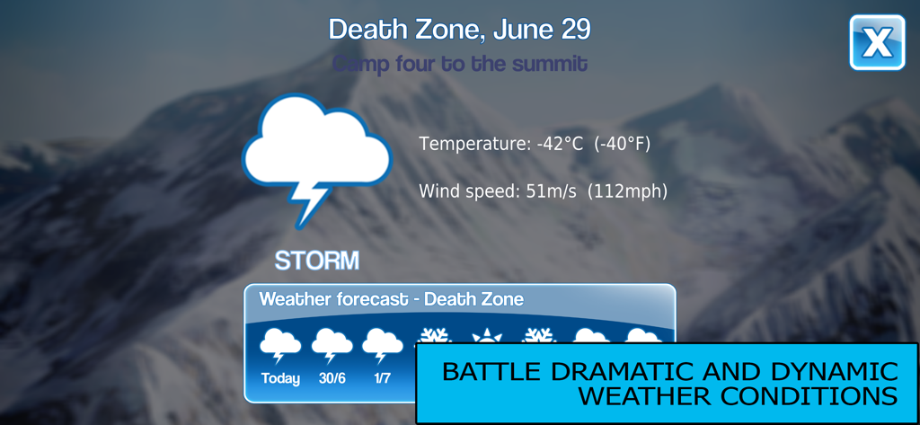 K2 Story - Screenshot of K2 Story simulation showing extreme storm weather conditions in the Death Zone with a forecast and temperature display.