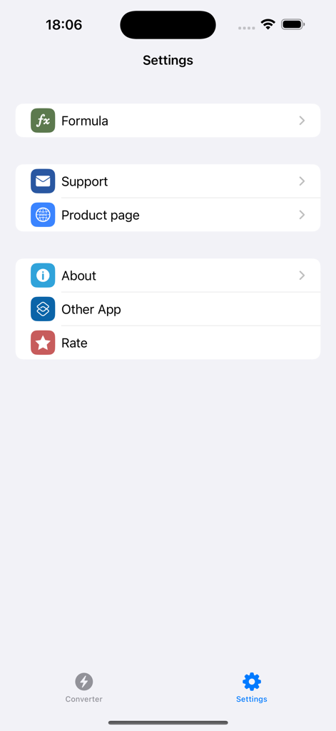 Pantalla de configuración de la aplicación calculadora de potencia Watt que muestra opciones de fórmulas y soporte.