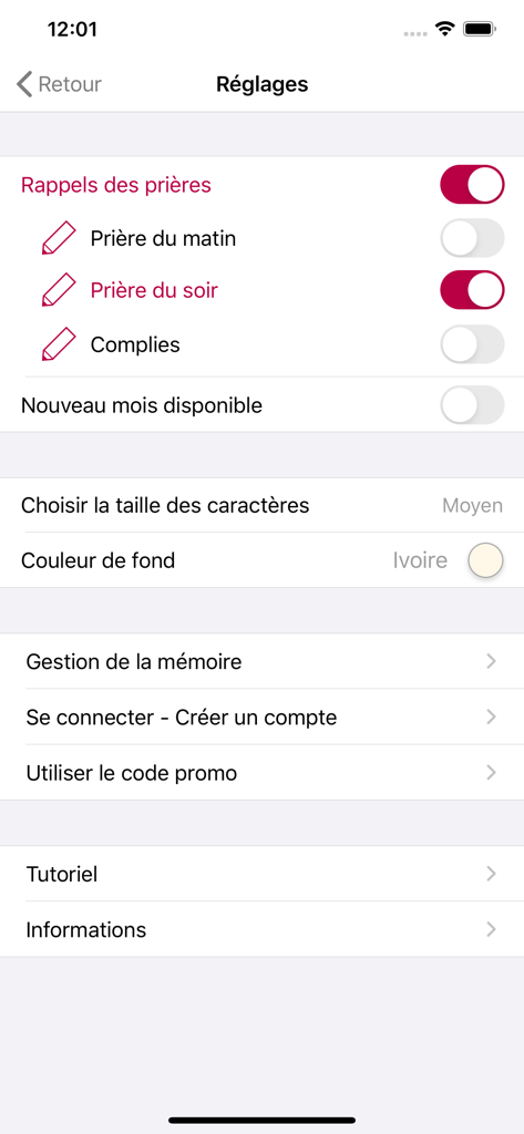 Página de configuración de la aplicación Magnificat Edición francesa que muestra recordatorios de oración y opciones de personalización de pantalla