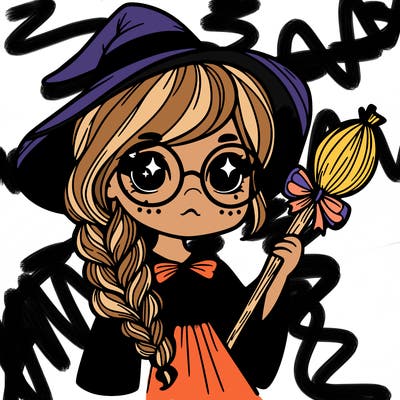 a witch with a braid and two glasses