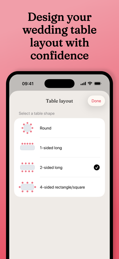 Interface of the Wedding Seating Planner app showing options to select different table shapes like round and long for a wedding layout.