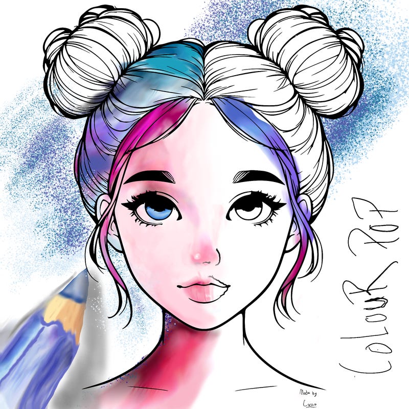 realistic girl with two buns on top of her head