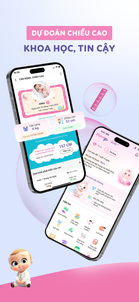 Momigo - Trợ Lý AI Của Mẹ & Bé - Pantallas de la aplicación Momigo mostrando el seguimiento del peso y la altura del bebé con predicción de crecimiento científico.