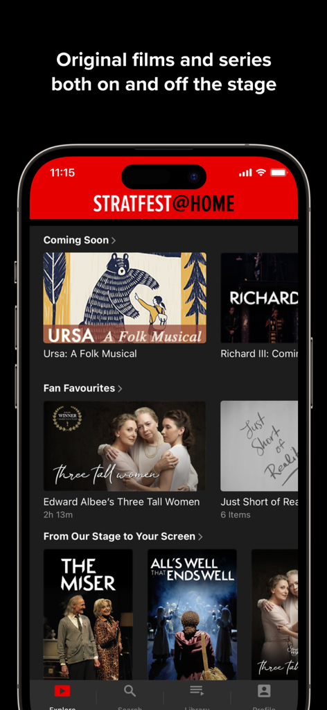 STRATFEST@HOME - Écran d'accueil de l'application STRATFEST@HOME présentant des catégories comme "Bientôt disponibles", "Favoris des fans" et des productions théâtrales telles que "Trois femmes grandes" et "Le Malade imaginaire".