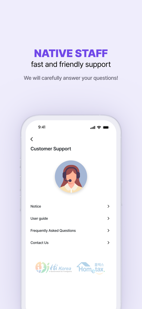 Utransfer-Korea Remittance App - Tela de suporte ao cliente do aplicativo Utransfer com equipe nativa e opções de ajuda