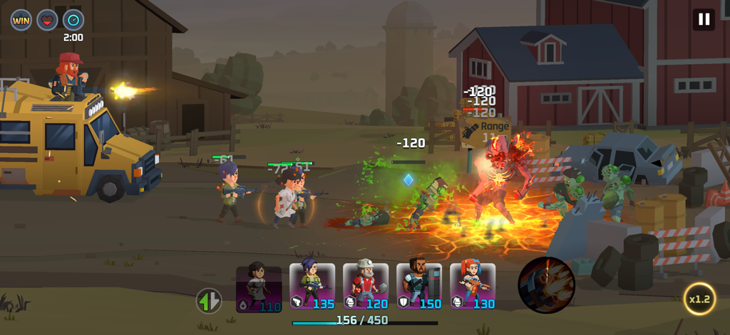 Tactical combat scene in City of Survivors with heroes defending against a zombie horde near a farm.