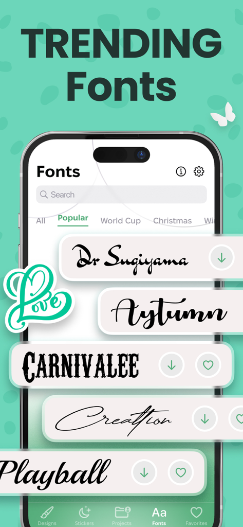 Sublimation Designer Tool - A mobile screen showing a selection of trending fonts in the Sublimation Designer Tool app