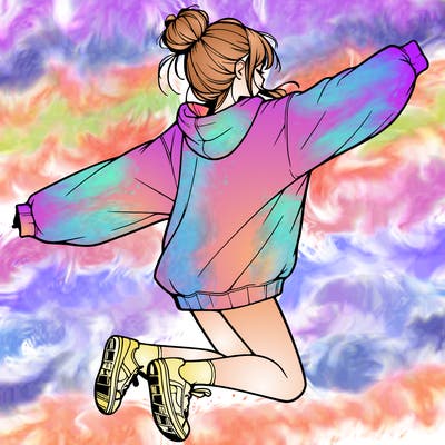 realistic girl jumping with a bun and oversized sweatshirt
