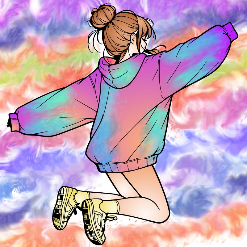 realistic girl jumping with a bun and oversized sweatshirt