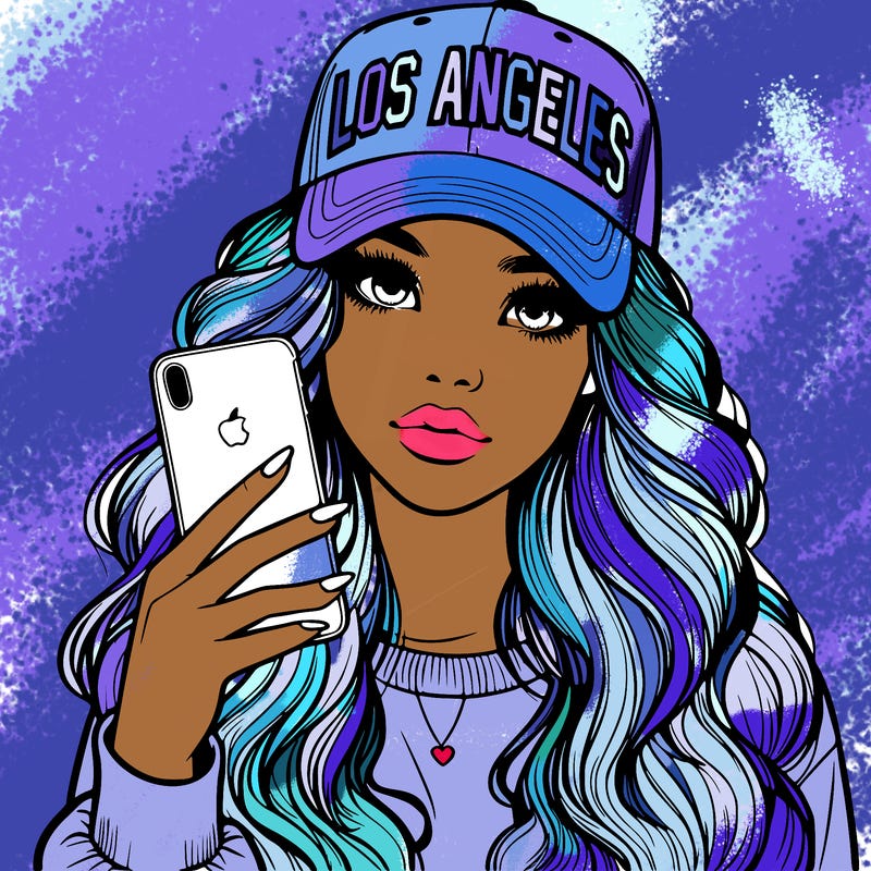 realistic beautiful girl wearing los ángeles cap holding an iphone