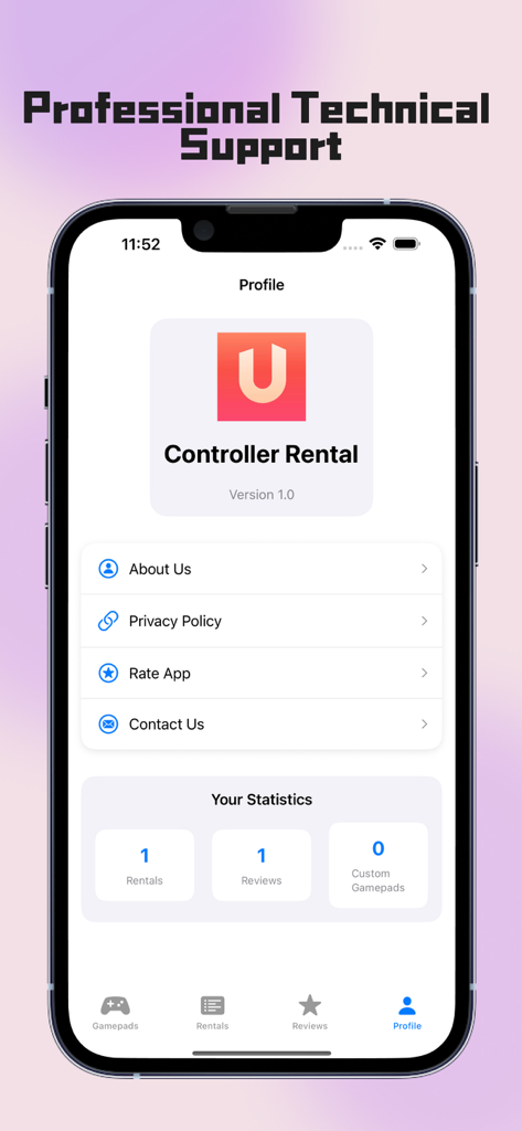 Controller Rental-Curated - Pantalla de perfil de la aplicación Alquiler de Mandos que muestra estadísticas del usuario y opciones de cuenta