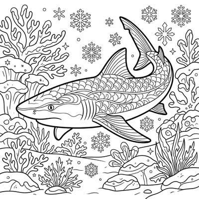 Embark on an extraordinary coloring journey with this unique Lemon Shark design set in a magical winter scene. This intricate template offers a captivating blend of marine life and frosty charm, perfect for creative minds.