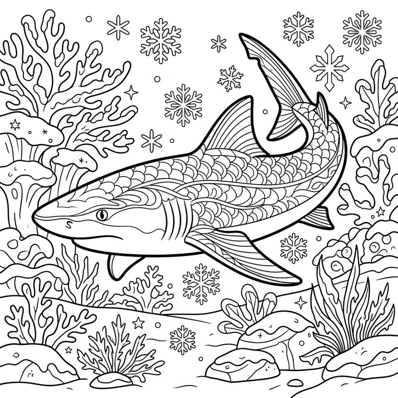 Embark on an extraordinary coloring journey with this unique Lemon Shark design set in a magical winter scene. This intricate template offers a captivating blend of marine life and frosty charm, perfect for creative minds.