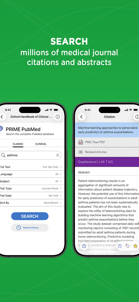 Oxford Handbook Clinical Med - 천식 연구에 대한 Prime PubMed 검색 인터페이스와 의료 저널 인용 초록을 보여주는 모바일 앱 스크린샷.