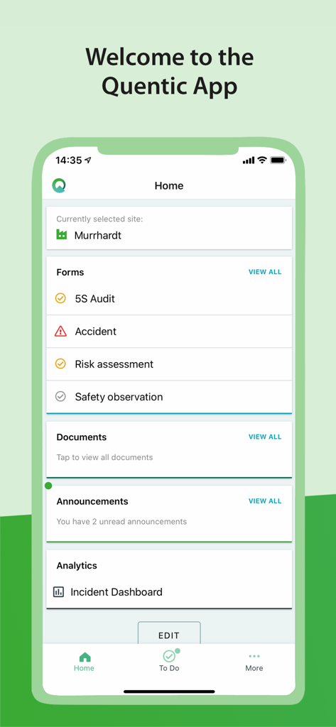 Quentic-App-Startbildschirm mit HSEQ-Managementformularen für Audits und Sicherheitsberichte