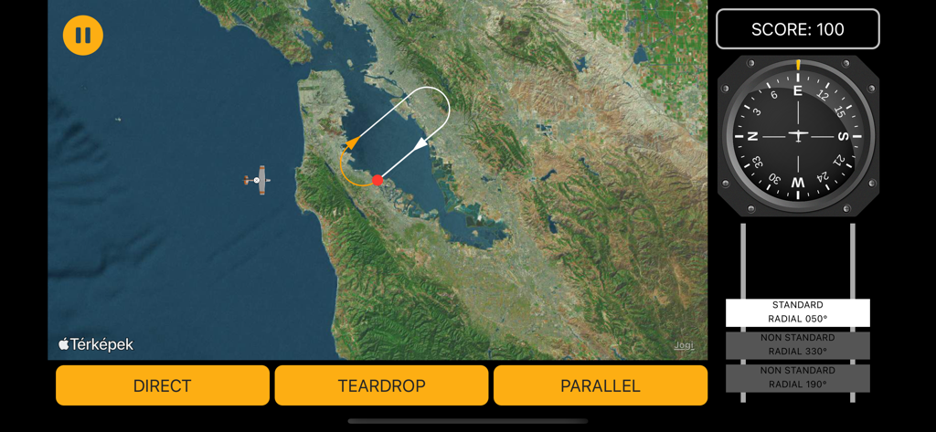 IFR Holding Pattern Trainer - Interface of the IFR Holding Pattern Trainer app showing a satellite map with a flight path and options for Direct, Teardrop, and Parallel entries.