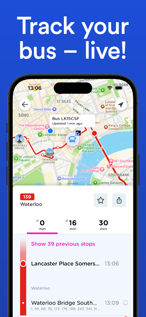 London Transport: Live TFL - Smartphone screen showing a map with live bus tracking and arrival times for a London bus route