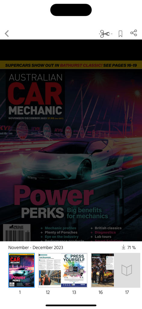 Digital magazine interface for Australian Car Mechanic showing the November-December 2023 issue cover and internal page previews